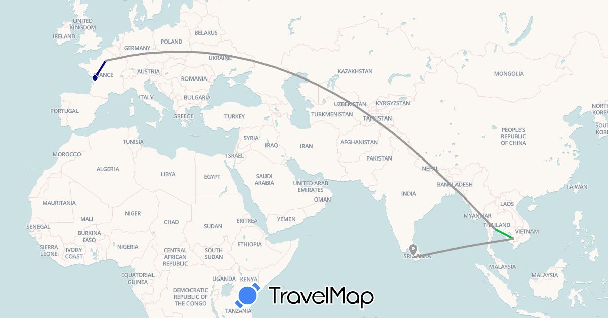 TravelMap itinerary: driving, bus, plane, train in France, Cambodia, Thailand (Asia, Europe)